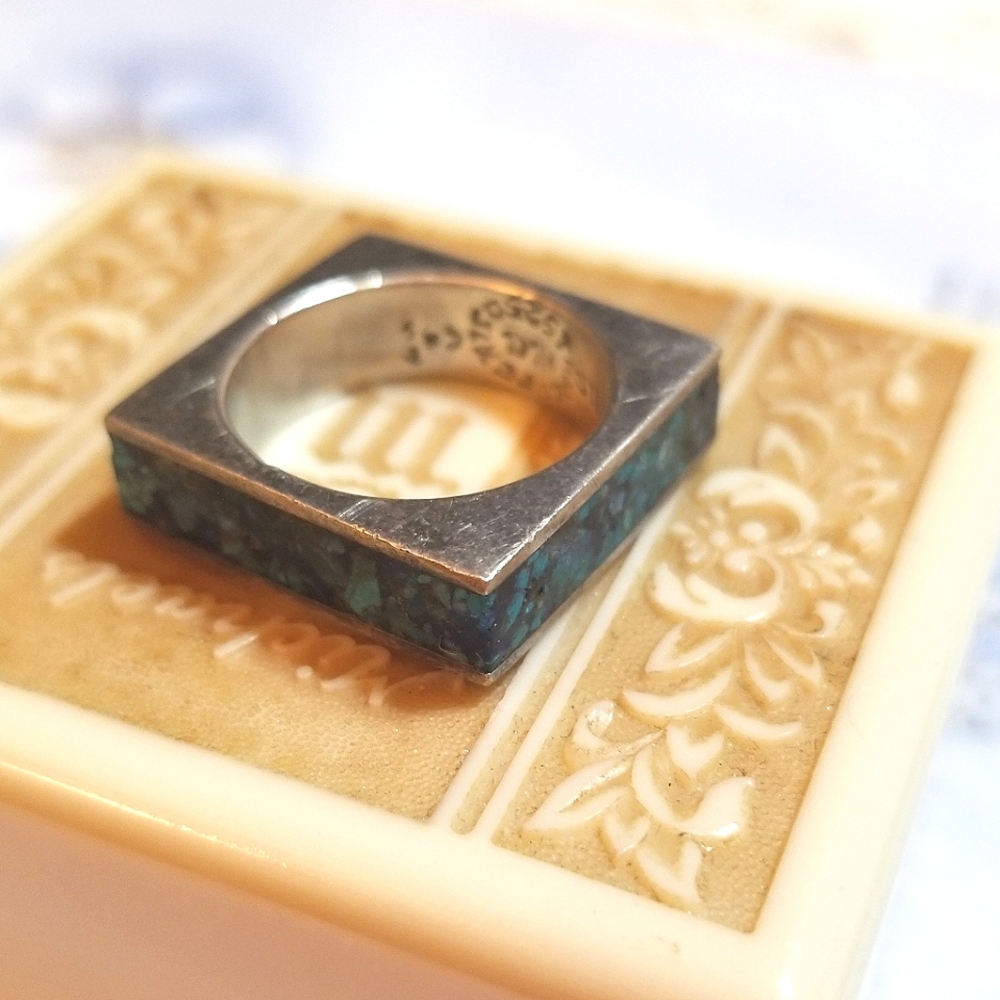 VTG TAXCO designer signed Square Crushed Turquoise Band Ring - Picture 4 of 8